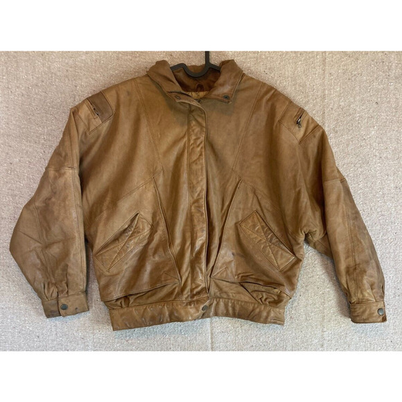 VINTAGE Womens WINLIT Sz Medium Brown Tan Leather Jacket Nylon Lining - Picture 1 of 11